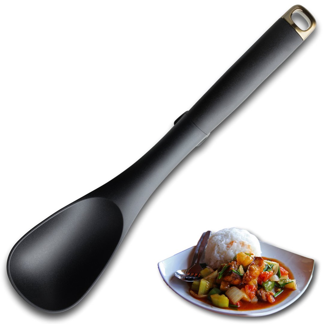 Nonstick Slotted Basting Spoon Utensil - Hard Wearing Black Nylon, Brass Handle Hanger. Heat Resistant to 210°C. Unique Integrated Tool Rest for Extra Hygiene. Brooklyn Range by Taylors Eye Witness
