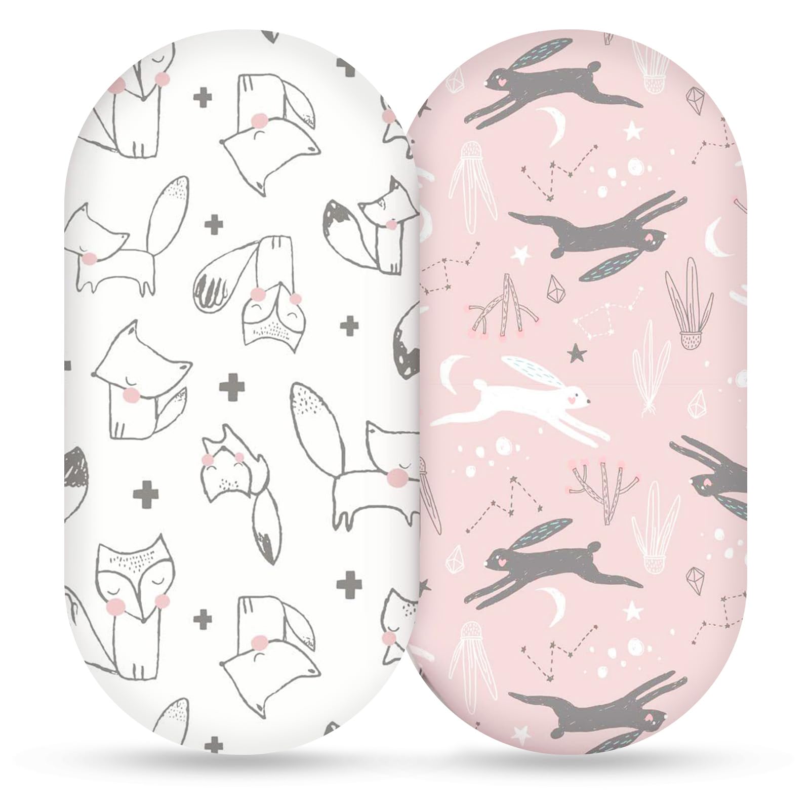 2PCS Moses Basket Sheets, 100% Organic Cotton Breathable Cot Bed Sheet, Ultra Soft Pram Fitted for Hourglass Rectangular Oval Bassinet up to 82 X 41cm, Fox & Rabbit