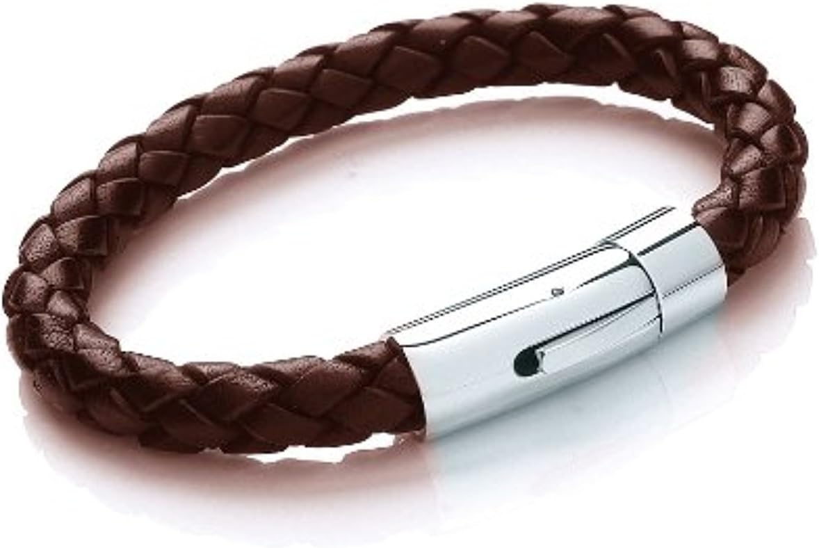 8MM Single Plait/Braid Leather Bracelet with Stainless Steel Rocker Clasp - 4 Color/Size Options