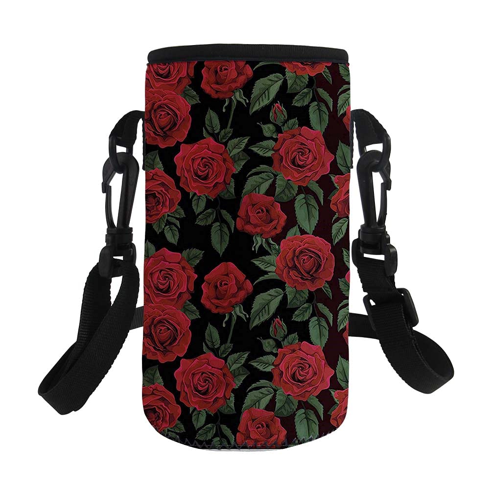 Jeiento Red Roses Printed Water Bottle Carrier Water Bottle Cover Sling Bag for Women for School or Work Easy to Carry(500-750ML)