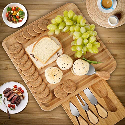 Homfa Bamboo Cheese Board Cheese Platter With Utensils Set And