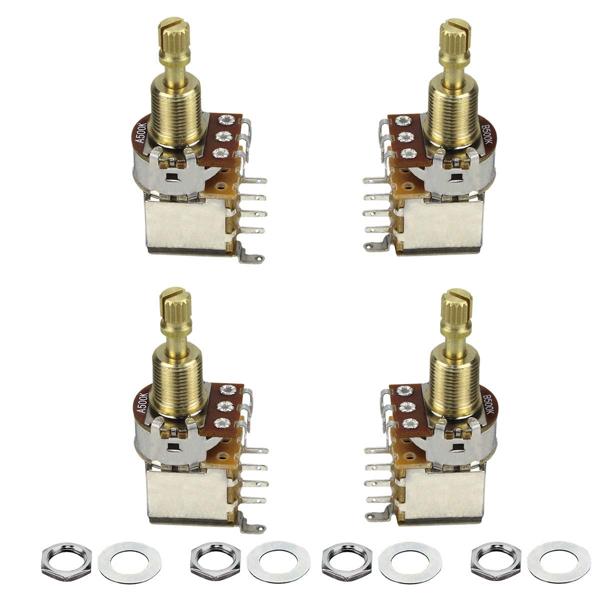 FLEOR 4PCS A500K+B500K Push Push Bounce Switch Potentiometer Long Split Copper Shaft for Electric Guitar Bass Volume/Tone Controls(Set of 2A2B)
