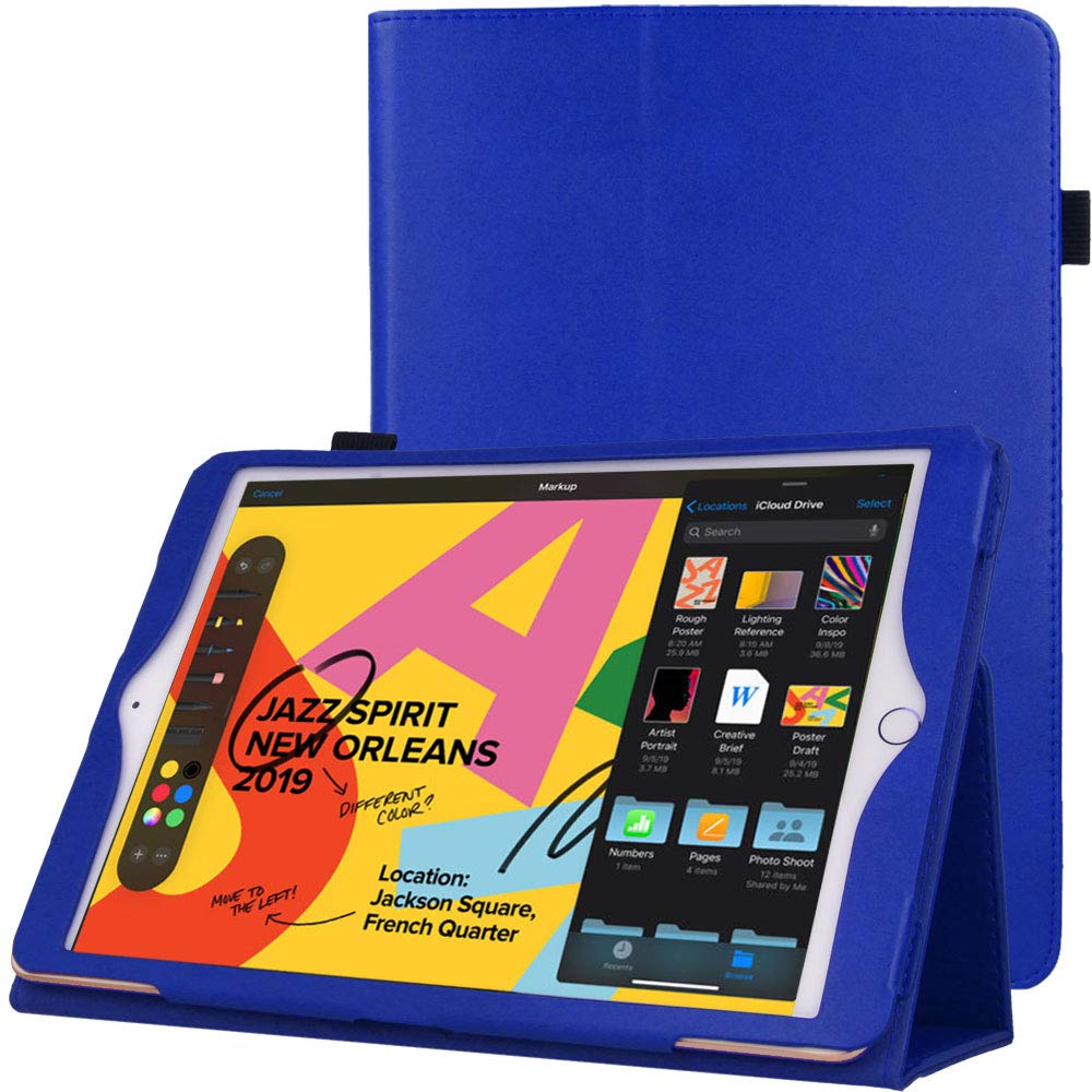 TECHGEAR Leather Case for Apple iPad 10.2" 2021/2020 / 2019 [9th / 8th / 7th Generation] Premium PU Leather Slim Folio Case Cover with Stand, Hand Strap & Auto Sleep/Wake Function [Blue] — image 1