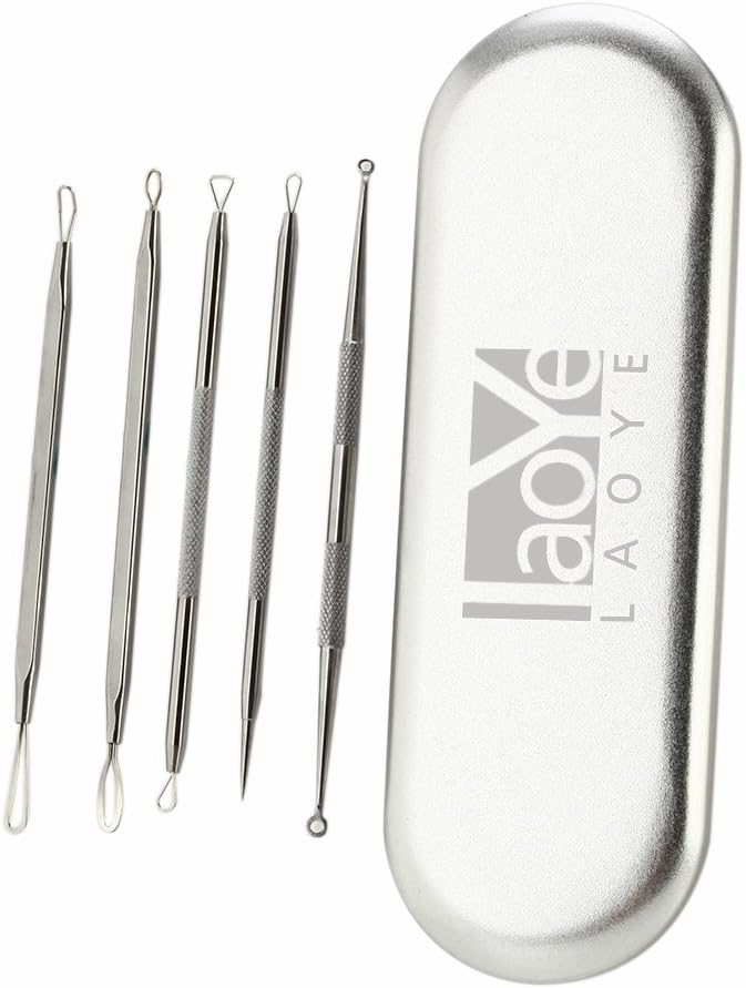 LAOYE Blackhead Remover Kit Comedone Extractor of 5Pcs Stainless steel Whiteheads Remover Tool Set Skin care tools for Facial Treatment with Silver Metal Case