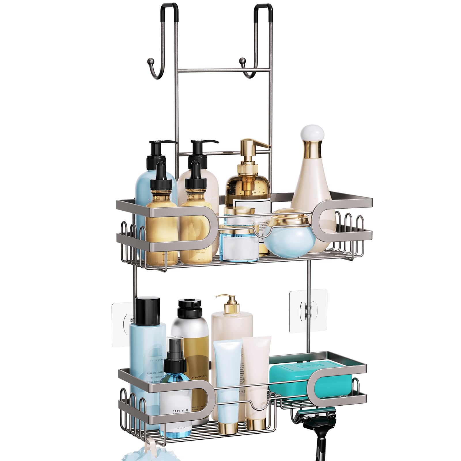 HapiRm Shower Caddy over Door- Hanging Shower Organizer with 14 Hooks and Soap Holder, Rustproof & Waterproof Stainless Steel Bathroom Shelf - Brushed Nickel