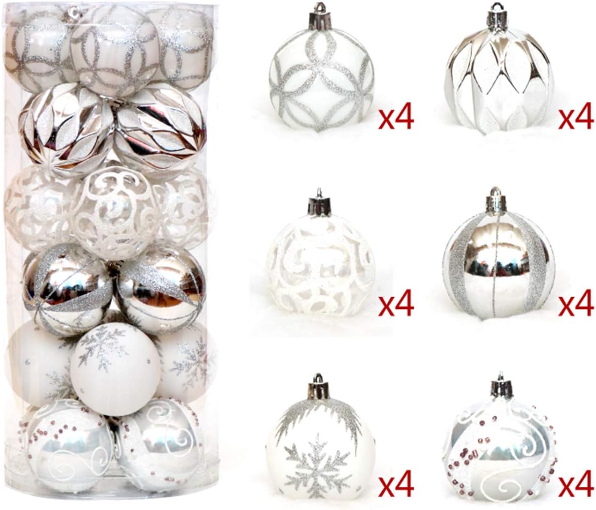 Tiaoqi Assorted Christmas Ball Ornaments Shatterproof Seasonal Light Decorative Hanging Baubles Set with Reusable Hand-held Gift Package for Holiday Xmas Tree Decorations (Silver and White)