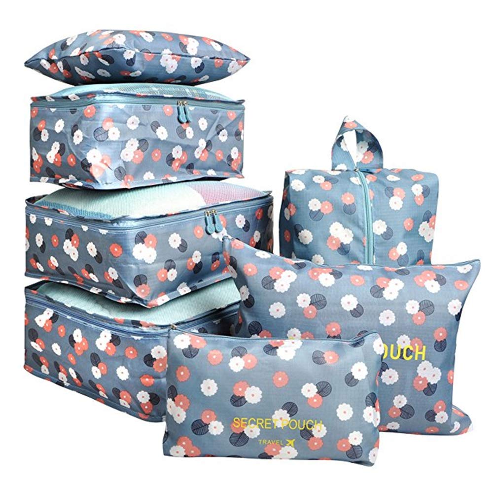 7PCS Luggage Organiser Set Compression Pouch Packing Cubes Travel Storage Bags Clothes Suitcase,Blue Flower