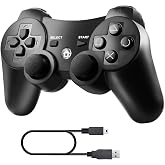 Diswoe Controller for PS-3, Wireless Bluetooth Controller Gamepad Joystick, Double Vibrating Controller for Play_station 3 with Charger Cable Cord Thump Grips