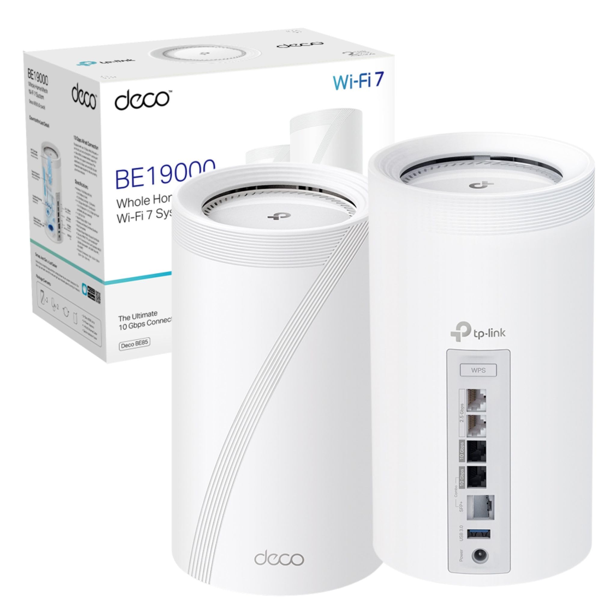 Tp-Link Deco Be85(2-Pack) Tri-Band Be19000Mbps Whole Home Mesh Wifi 7 System, Quad-Core Cpu Wifi Extender Booster, Ultra-Fast 2X 10 Gbps Wired Wan/Lan Ports, 320 Mhz Channels, 4K-Qam, Homeshield