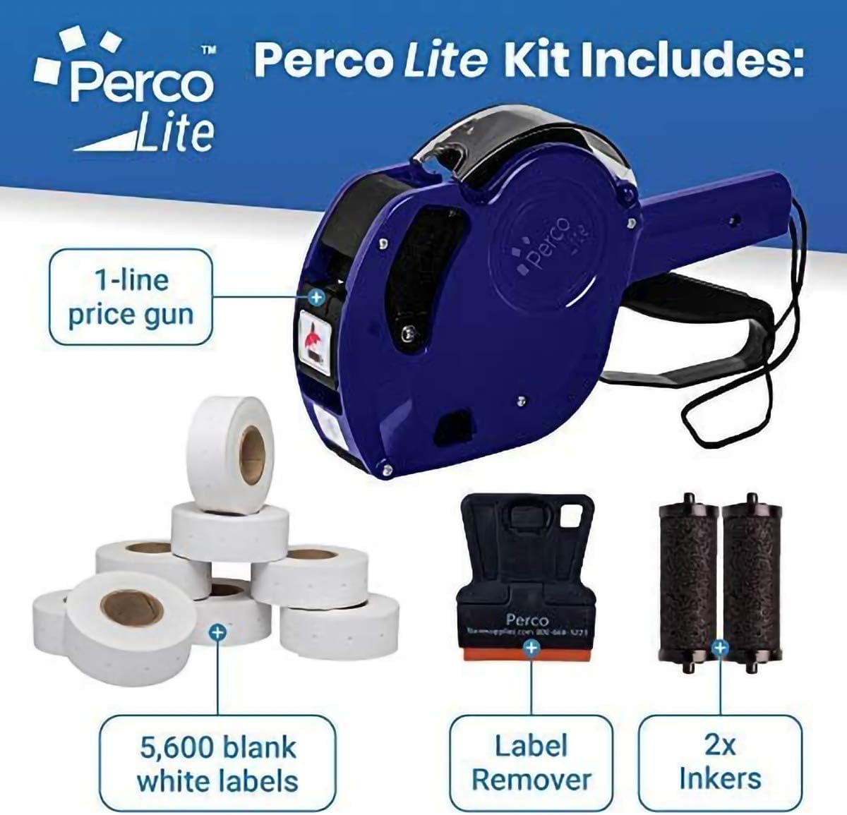 Perco Lite 1 Line Price Gun with Labels Kit - Includes 5, 600 Blank White Labels, 2 Ink Rollers, 1 Ink roll and Labels Pre-Loaded : Office Products