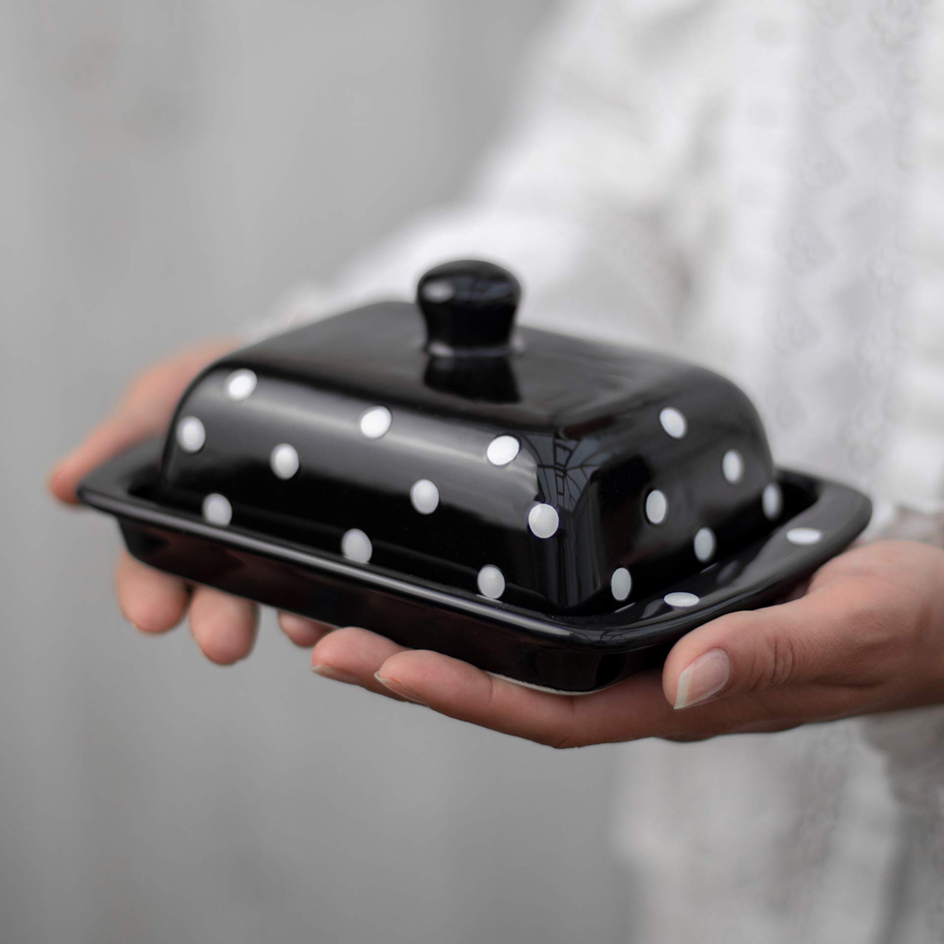 City to Cottage Large Butter Dish with Lid for Countertop, Ceramic Butter Keeper, Butter Container with Knob Handle, Butter Holder Tray with Cover, Handcrafted Black and White Polka Dot Butter Dish