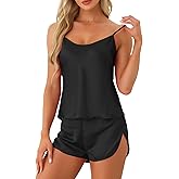 cheibear Womens Satin Pajamas Sets Cami Short Sets Sleepwear Sexy Silky PJ Set with Shorts