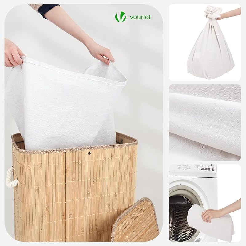 ® Cesto Portabiancheria Rettangolare in Bambù 72L, Cesto Pieghevole per Panni Sporchi con Coperchio, Manici e 2 Borse Rimovibili, per Bagno, Lavanderia e Camera da Letto, Naturale