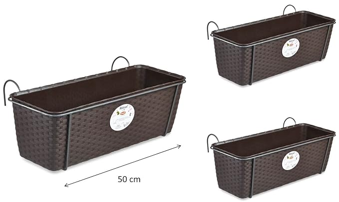 3 Stück Pflanzkasten im Rattan Design mit integriertem Wasserspeicher und Metallrahmen für Geländer Aller Art oder zum Aufste