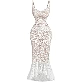 GORGLITTER Women's Lace Bodycon Fishtail Midi Dress Graduation Prom Wedding Guest Y2K Ruched Asymmetrical Summer Dress