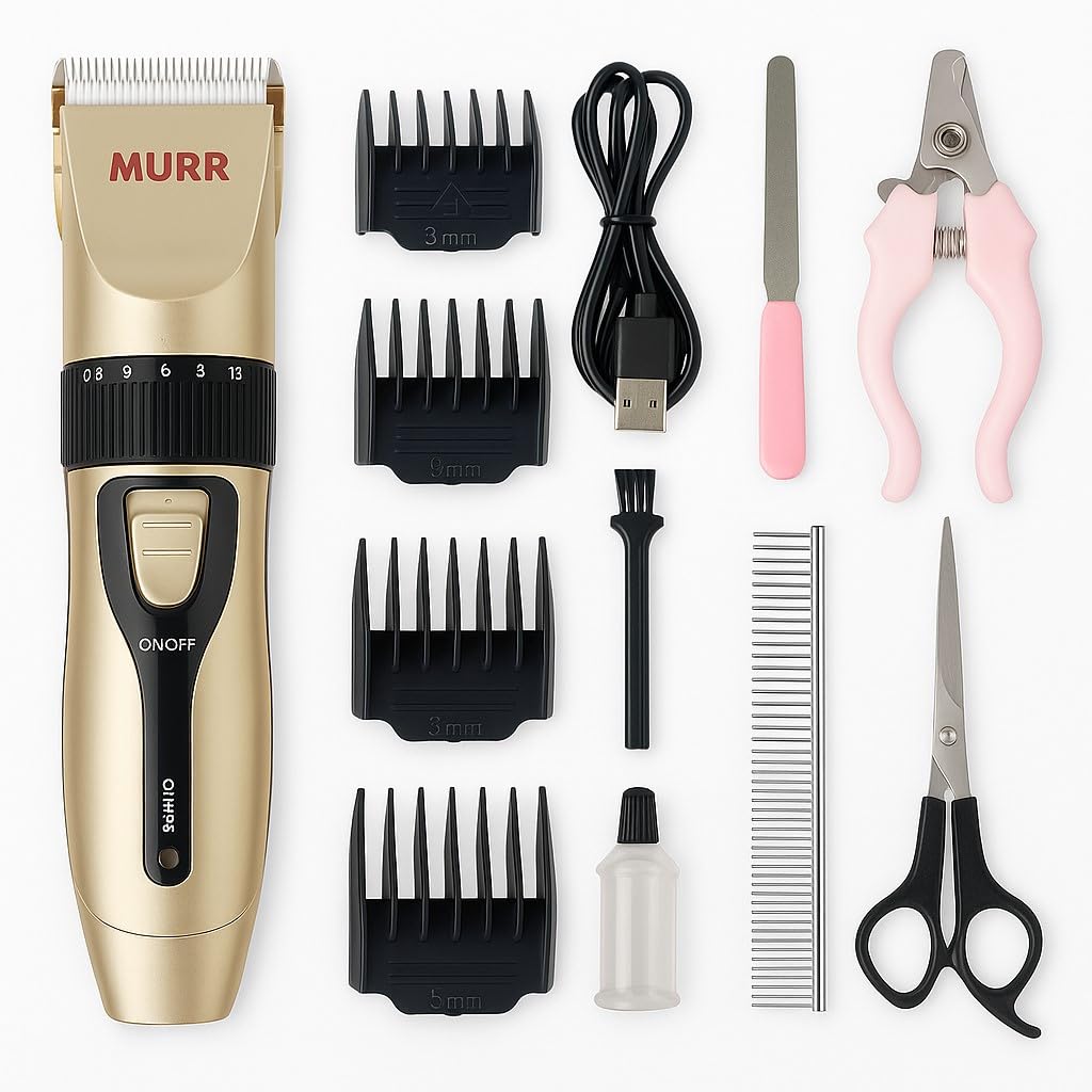 Dog Hair Clippers, Cordless Pet Grooming Kit, Low Noise Dog Shaver, Professional Pet Clippers with 4 Guide Combs, Scissors & Grooming Tools