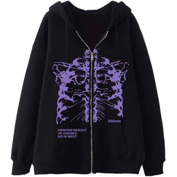 Men Women Y2K Skeleton Zip Up Hoodie Emo Gothic Oversized