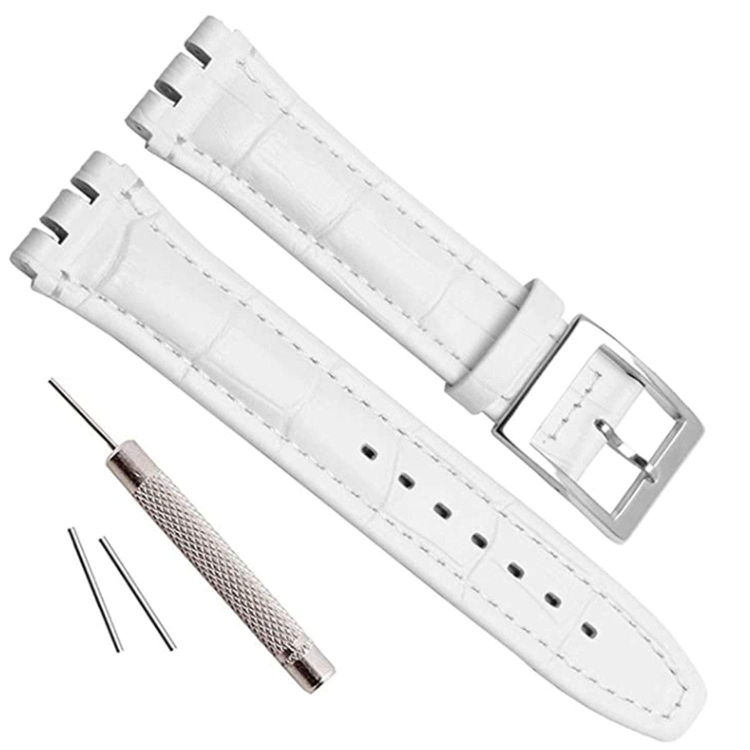 OliBoPo Alligator Grain Cow Leather Stainless Steel Buckle Watch Band Strap for Swatch (17mm, White) — image 1