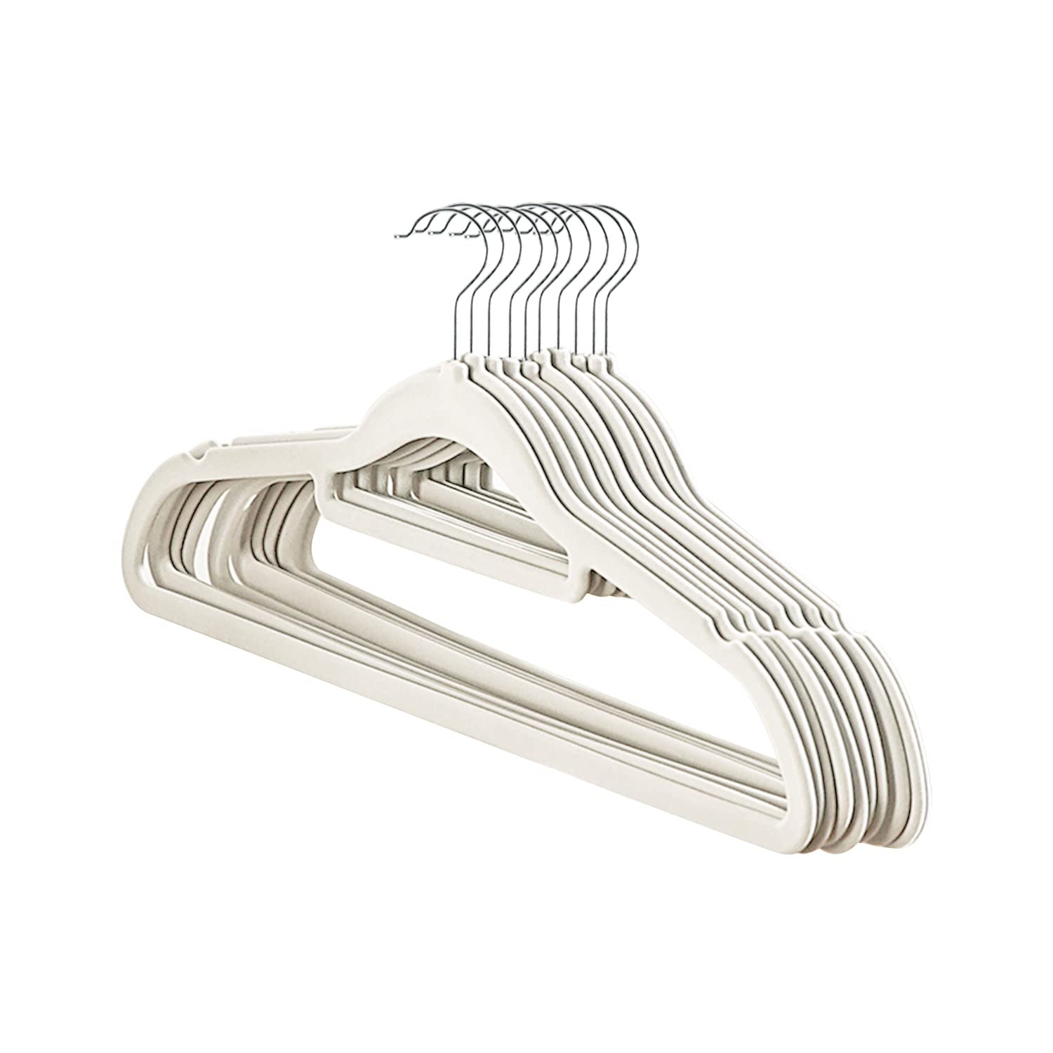 Premium Velvet Slim Space Saving Coat Hangers - Non Slip with Swivel Hook, Suit Shirt Dress Trousers - Thin Flocked Felt (Beige) 10 Pack