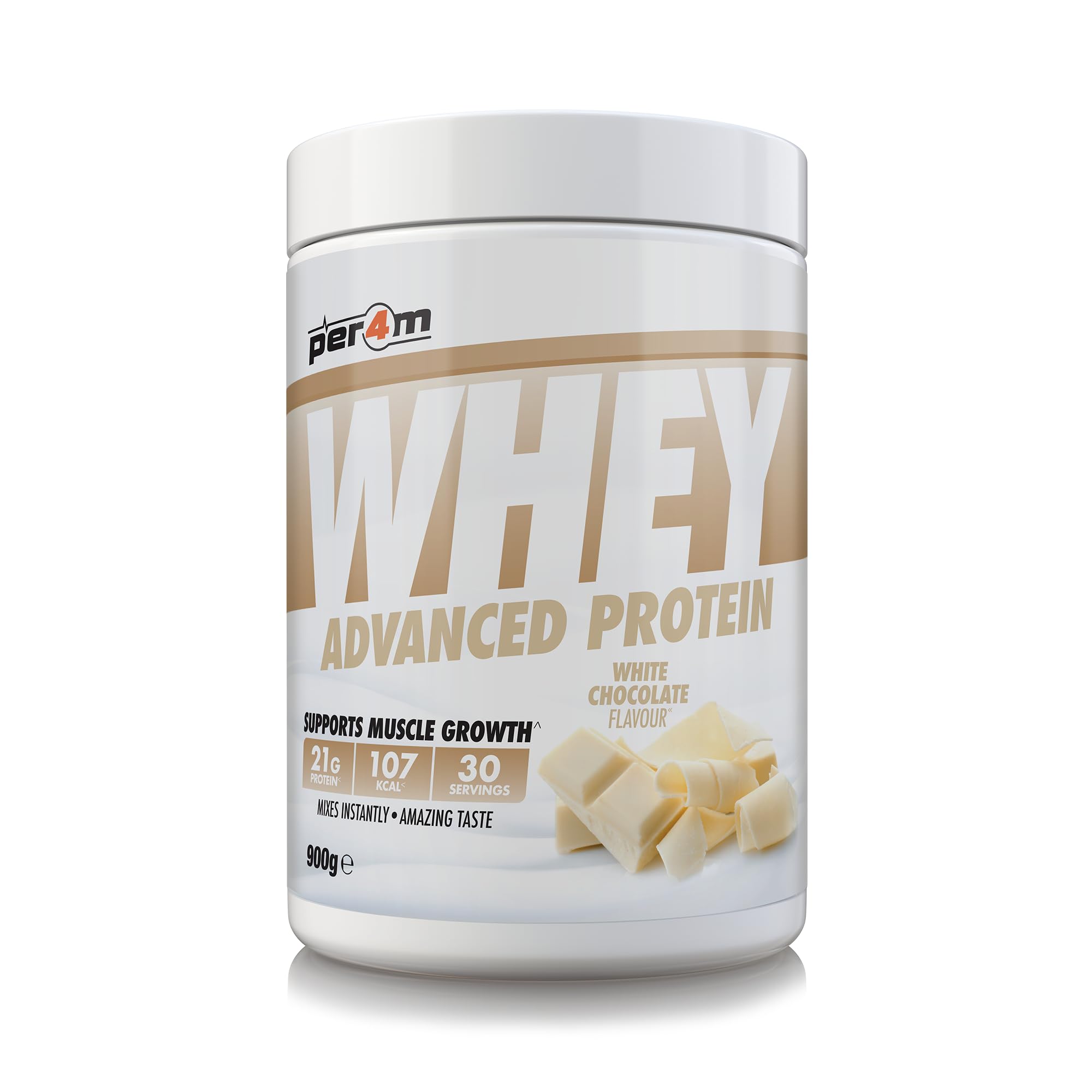 Per4m Whey Protein Powder | High Protein Shake for Muscle Growth & Recovery | Low Sugar Gym Supplement | Sports Nutrition Drink + Amino Acids (900g, White Chocolate)