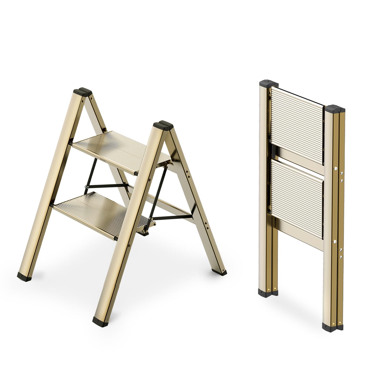 WOA WOA 2 Step Ladder, Foldable Step Stool, Aluminum Lightweight Ladder for Home Kitchen Closet, Anti-Slip Pedals, Ease of Folding, Portable, 300lbs Capacity - Gold Image