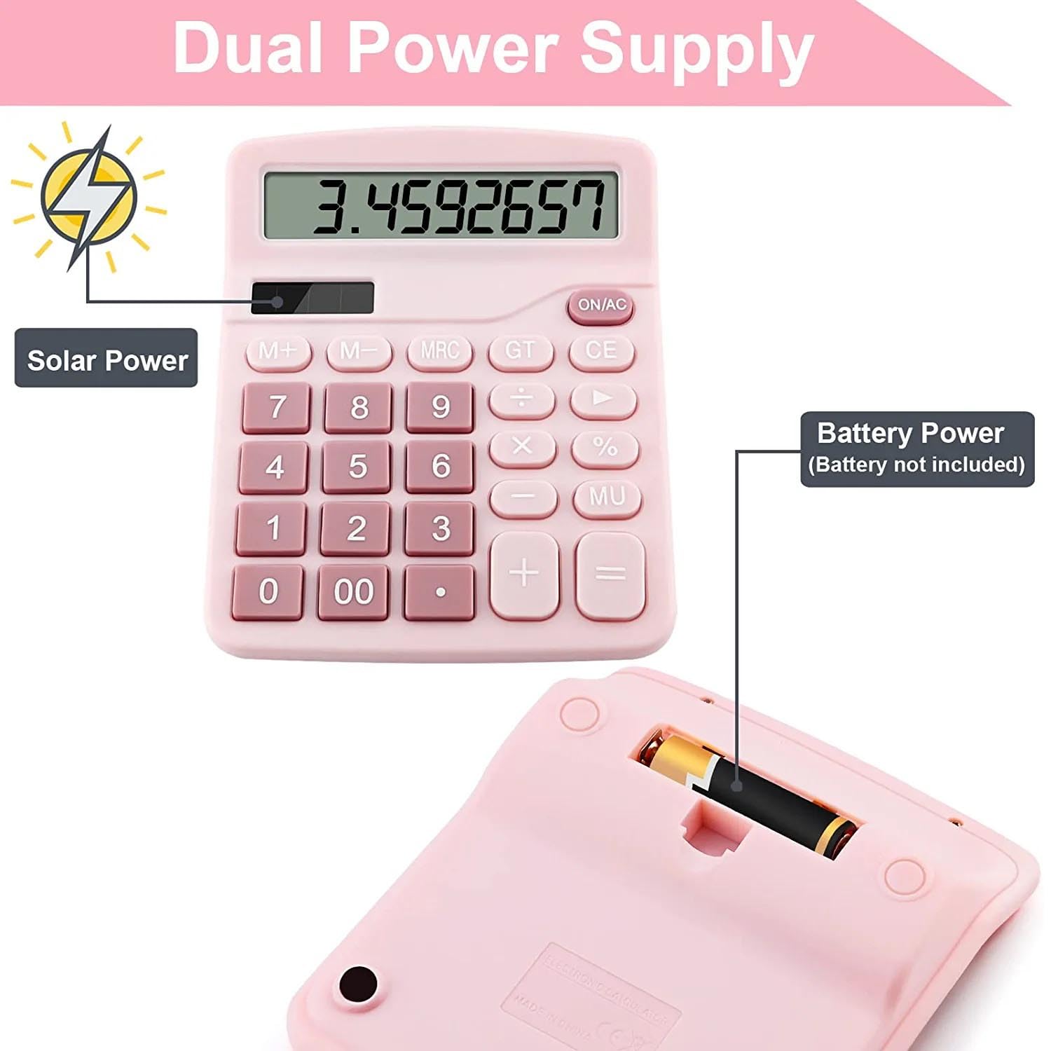 Office Desk Calculator, Cute Calculator for Kids, Basic Calculators Desktop, Dual Power Simple Financial Calculator with Big Button Large Display for Office Home and School (Pink)