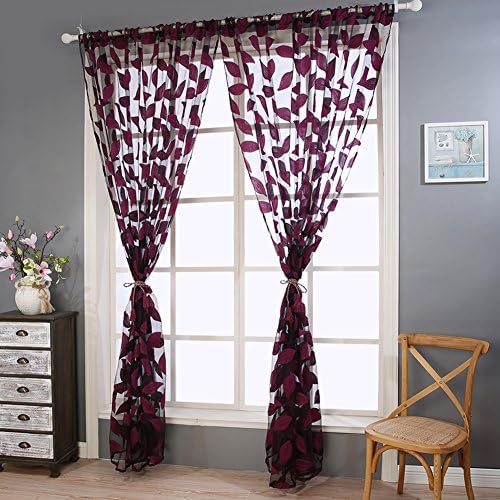 Infinal Leaves Printed Window Sheers Panel Home Decor Window Curtain 38"wX78"l (Poletop, dark purple)