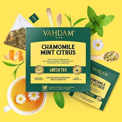 VAHDAM, Chamomile Mint Green Tea Bags- 15 Count | Detox Green Tea | Green Tea Mixed with Chamomile, Lemongrass, Peppermint & Orange Peels | Sleep Tea- 30g