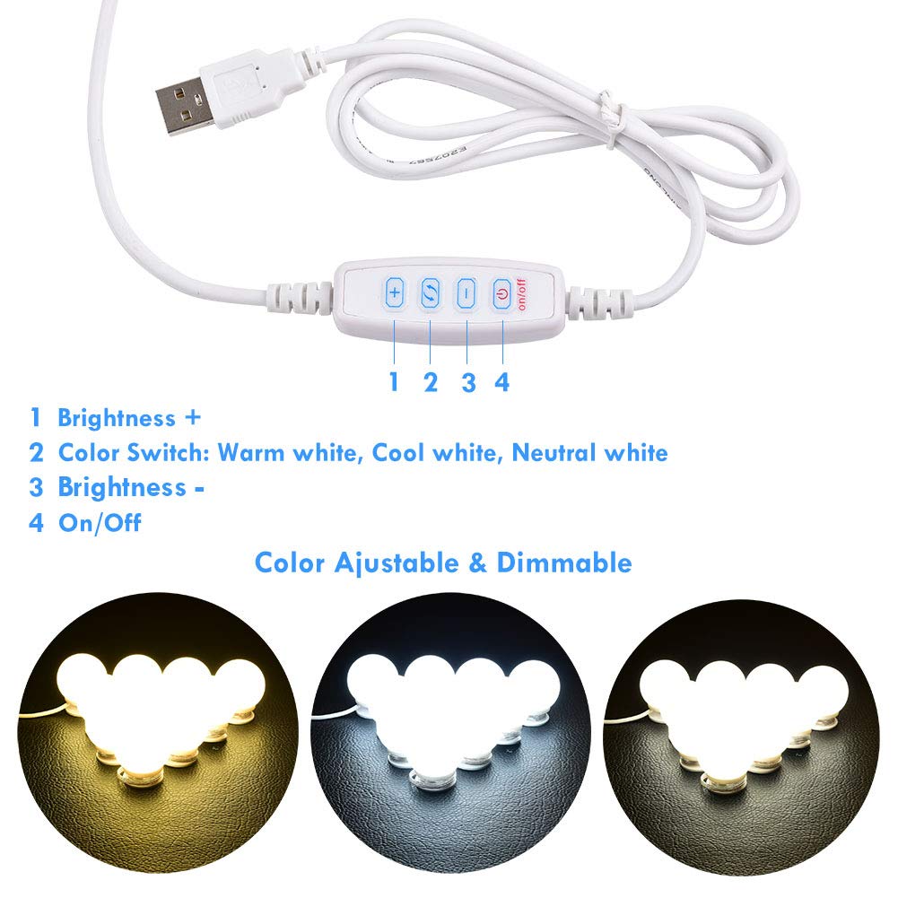 Power Plug 10 Lights Daylight Dimmable Switch Mirror Not Included Lvyinyin Vanity Lights Kit Hollywood Style Makeup Led Light Bulbs With Stickers Attached To Bathroom Wall Or Dressing Mirrors Vanity Lights