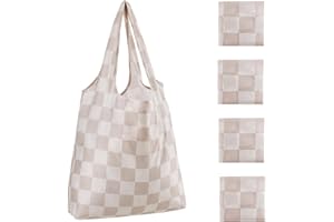 Ralxion Checkered Reusable Grocery Shopping Bags 4 Packs, Cute Checkerboard Foldable Kitchen Large Nano Tote Bags