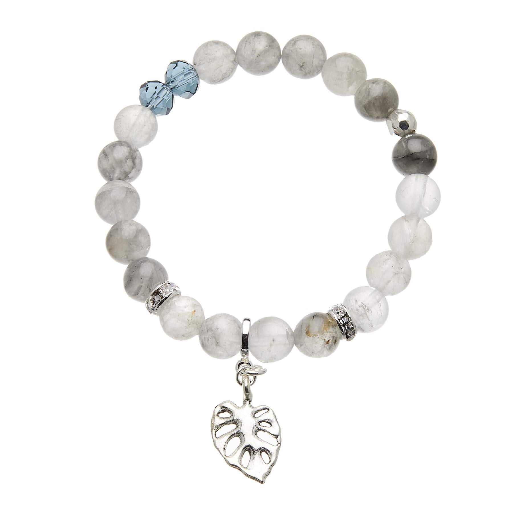 Bello London Beaded Stretch Bracelet with cloud grey agate beads and silver plated leaf charm - Rae G03