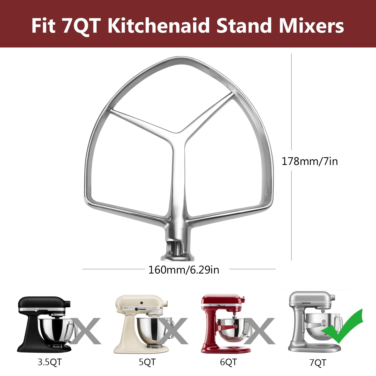 Flat Beater for KitchenAid 7QT Bowl-lift Stand Mixers, Stainless Steel Paddle Accessories for Kitchen aid, Dishwasher Safe
