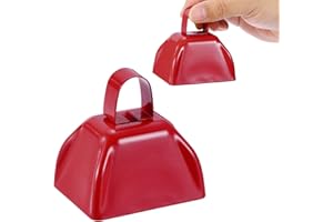 PATIKIL 2pcs Cow Bells for Football Games, 3inch Cowbells for Sporting Events Bulk Loud Noise Makers Metal Cow Bell with Handle for Cheering Competition Marathon Wedding, Red