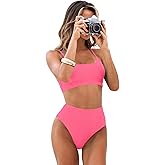 CUPSHE Women's Bikini Sets Two Piece Bathing Suit High Waisted Ribbed Texture Widen Trim