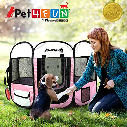 PicassoTiles PET4FUN PN935/PN945 Portable Pet Puppy Dog Cat Playpen Crates Kennel w/Water Resistant 600D Oxford, 210D Nylon, Carrying Bag, Collapsible Bowl, Removable Mesh Cover 2 Sizes