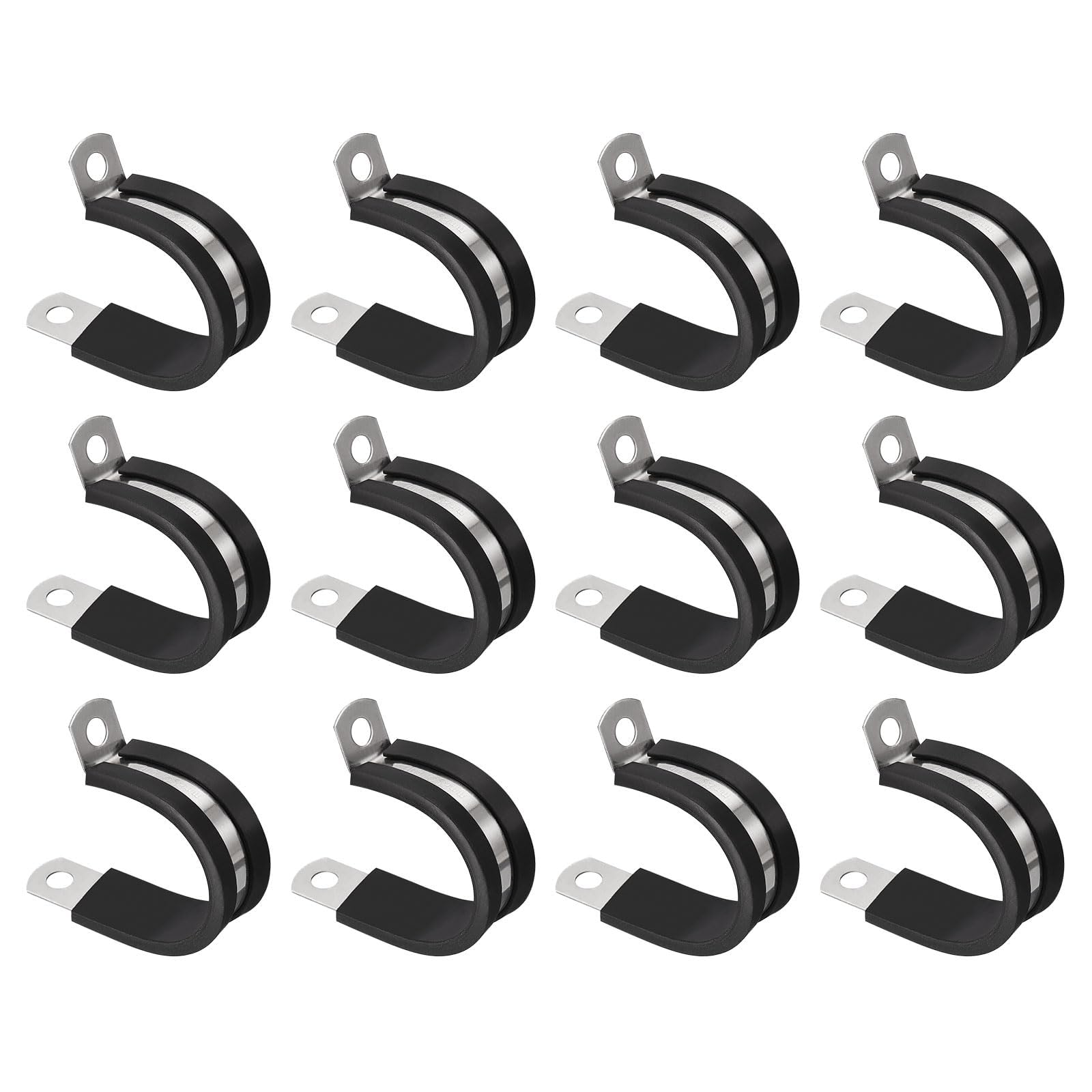 Unifizz 12Pcs 1-1/8 Inch(28mm) Rubber Cushioned Stainless Steel R Shape Pipe Clamp, Black