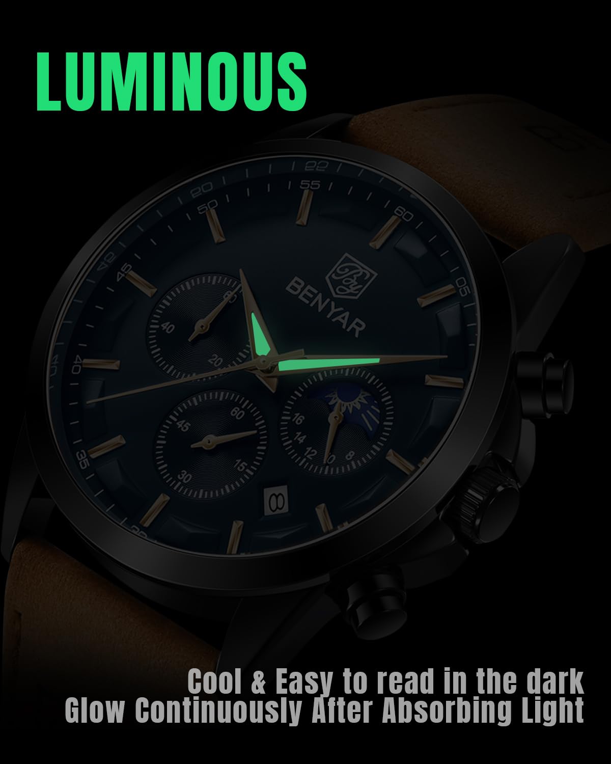 BENYAR Herren Uhr Chronograph Analog Quarz Wasserdicht Leuchtende Datum Herrenuhren Stilvolle Lederband Armbanduhr Elegantes Business Uhren Geschenk für Männer