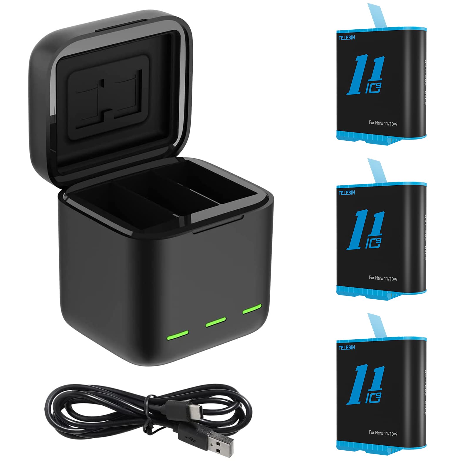 TELESIN Triple Battery Charger for GoPro Hero 12 Hero 11 Hero 10 Hero 9 Black, 3-Pack Batteries and 3-Channel USB Storage Quick Charger for Go Pro Hero 12/11/10/9 Batteries Charger