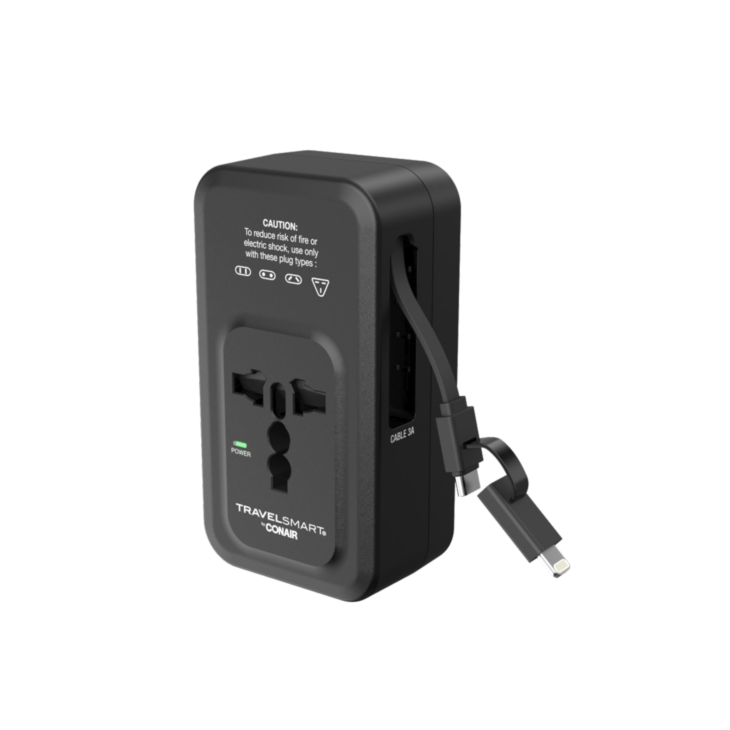 Conair Universal Travel Adapter – All-in-One European and Worldwide Travel Plug Adapter with Surge Protection – Includes Charging Cable and USB C Port