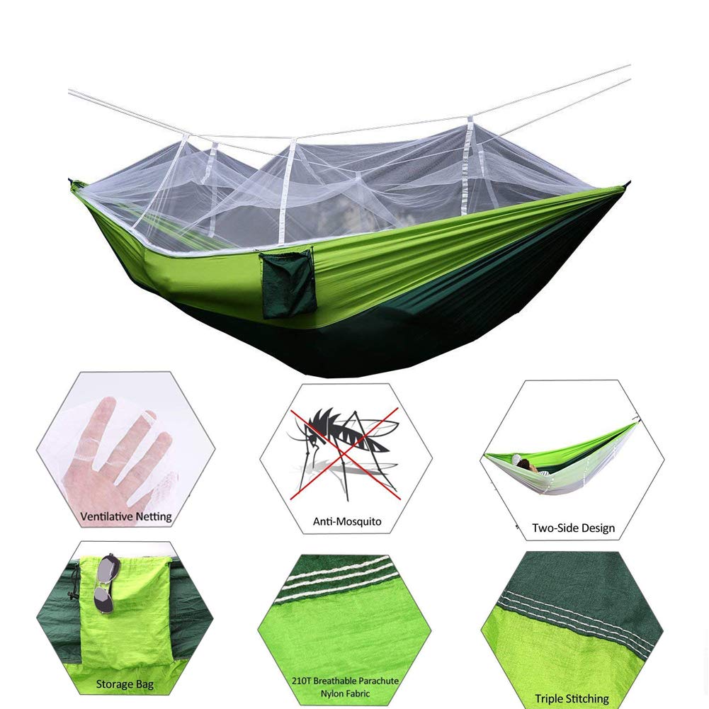 Likorlove Camping Hammock with Mosquito Net, Lightweight & Comfortable Supports Up Max 600Lbs Nylon Portable Parachute Easy to Set up Hammock for Camping Backpacking Travel Beach Yard,Green