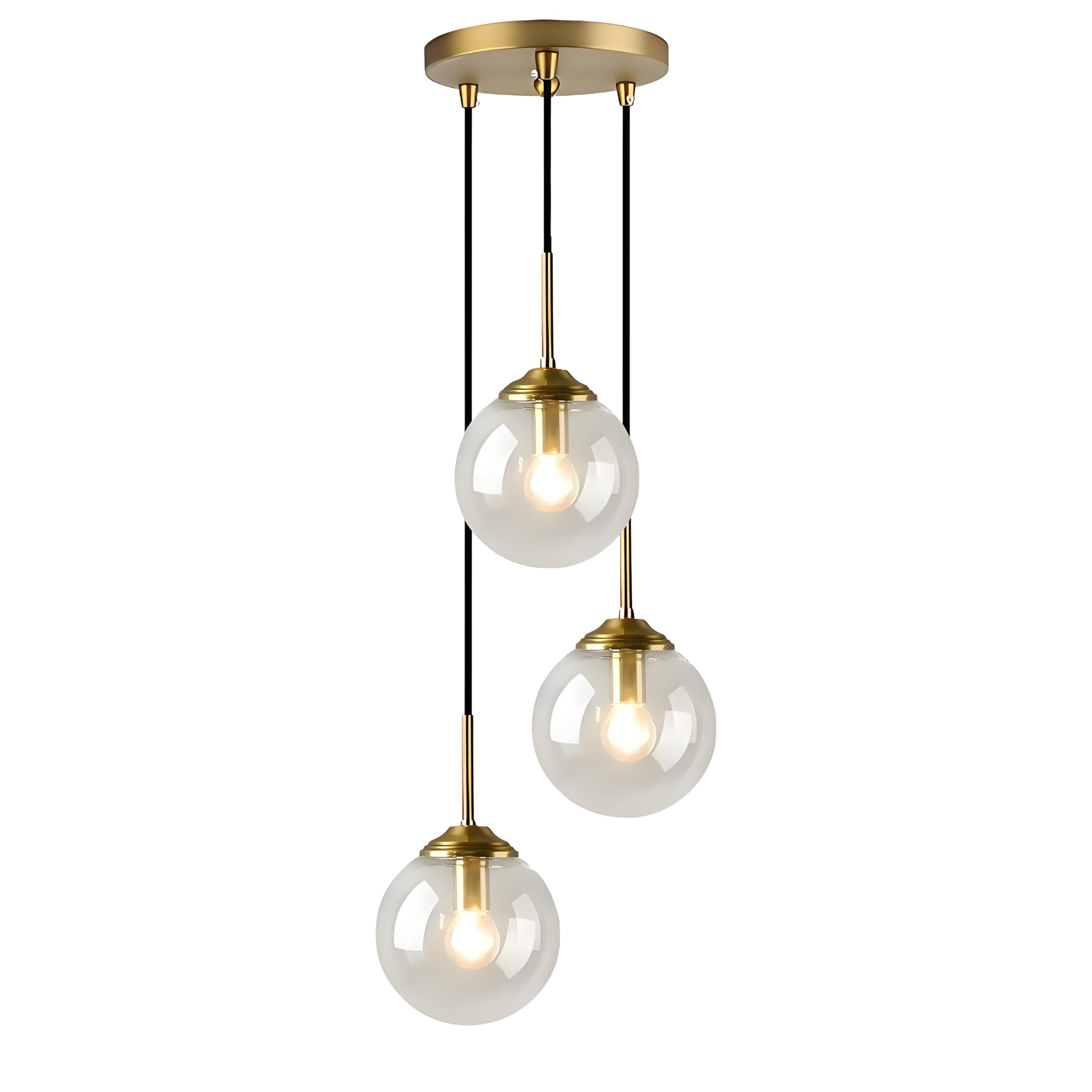 HJXDtech Industrial Vintage 3 Lights Pendant Light,Glass Globe 3 Pendants Ceiling Light, Brass E27 Hanging Lamp Cluster Over Kitchen Island & Dining Room Table (Clear)