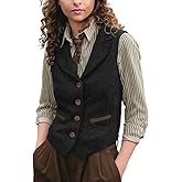 DRAHANCE Women Herringbone Tweed Vests Lapel Sleeveless Jacket V Neck Work Office Waistcoat