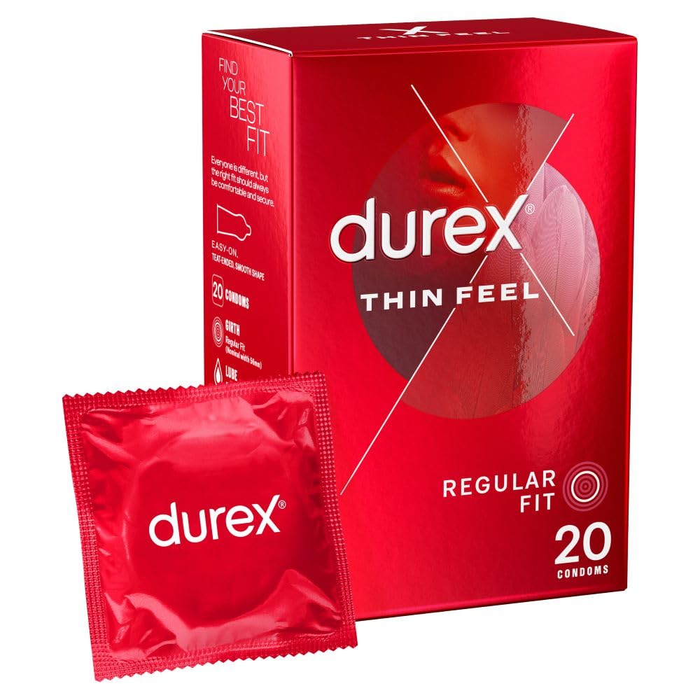 Durex Thin Feel Condoms, Regular Fit, 20s, Secure, Natural Latex, with Silicone Lube, Easy On Shape, More Sensitivity