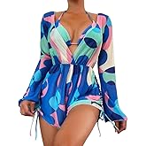 ODASDO Women's Sexy 3 Piece Swimsuits Halter Triangle Bikini Sets with Long Sleeve Mesh Cover Ups Romper Bathing Suits