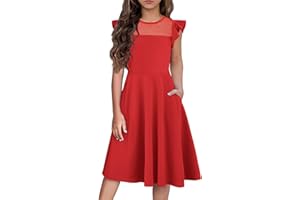 Flypigs Girls Dresses Summer Formal Party Wedding Ruffle Sleeve Mesh Knee Length A Line Dress with Pockets