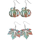 Zian 2 Pairs Fall Earrings for Women Vintage Wood Pumpkin Maple Leaf Thanksgiving Fall Dangle Drop Earrings Autumn Jewelry