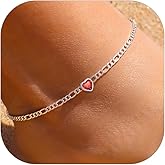 ChicSilver Sterling Silver Anklets Bracelets for Women, Figaro Chain Heart/Round Birthstone Anklet for Women Waterproof, Dainty Herringbone Ankle Bracelet Summer Beach jewelry