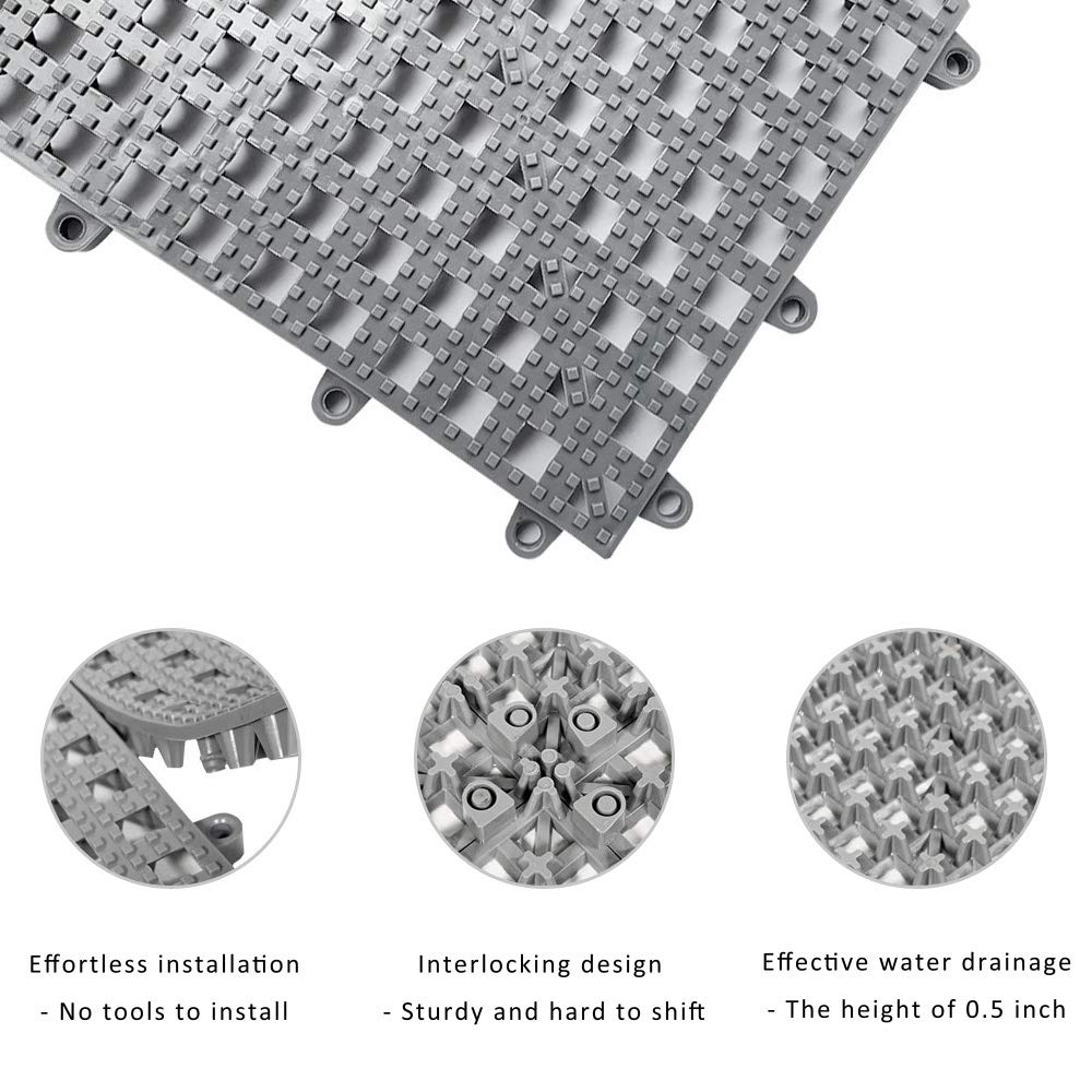 HYSA MAT Interlocking Non-Slip Tiles,12.5 x 12.5 inch PVC Flooring Deck Drainage Mats for Basement Swimming Pool Bathroom Boat Wet-Area，Grey，12-Pack