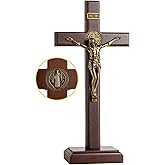 KUXBET Wooden Crucifix Cross with Detachable Stand 10 Inch Standing Catholic Wooden Jesus Christ Wall Hanging Cross for Home Decor