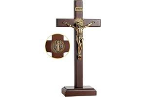 KUXBET Wooden Crucifix Cross with Detachable Stand 10 Inch Standing Catholic Wooden Jesus Christ Wall Hanging Cross for Home 
